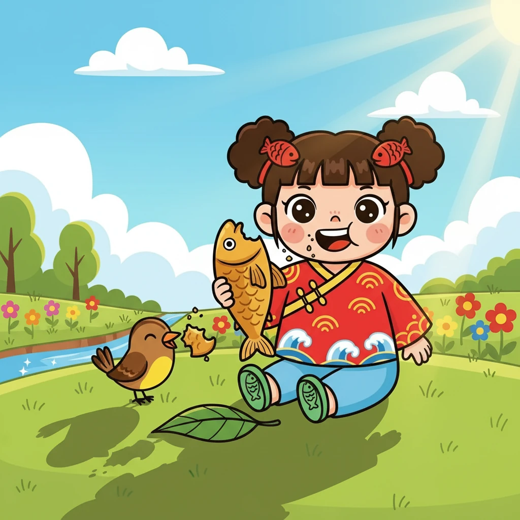 咪咪和小鸟一起分享了美味的鱼。咪咪开心地吃着，她觉得这是她吃过的最好吃的午餐！阳光下，咪咪和小鸟的身影显得格外温馨。