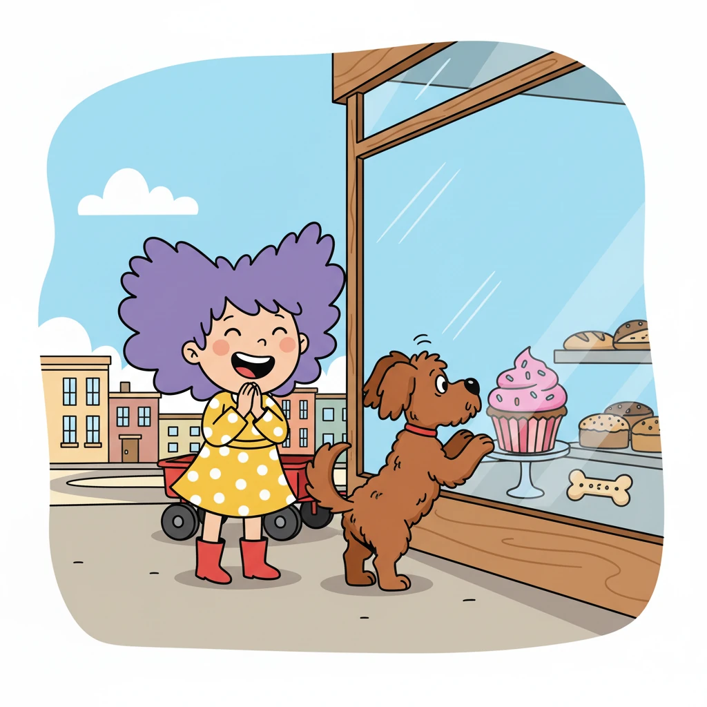 Choco, with his nose twitching, sniffed at the bakery window. He was hoping for a dog biscuit, but the cupcake looked much more appealing. Little Miss Violet giggled, knowing his secret.