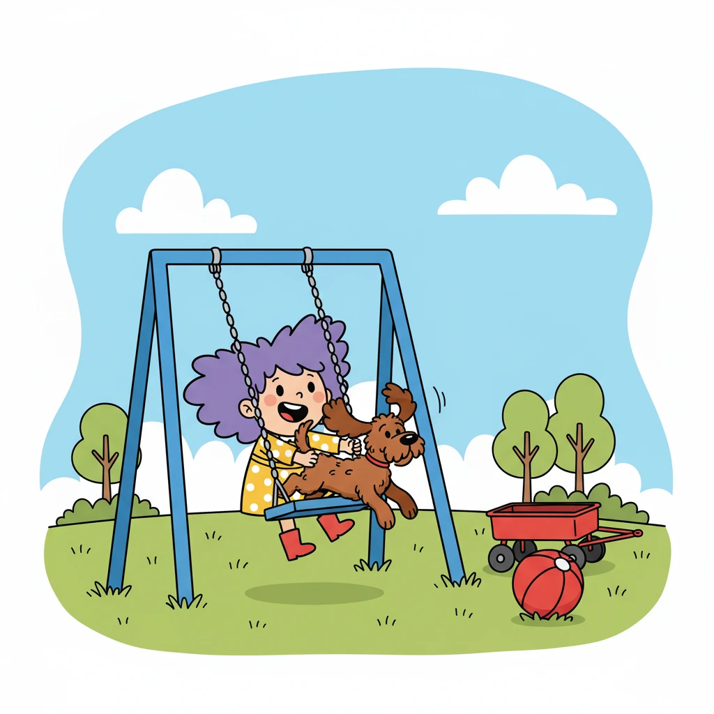 Next, they visited the park. Little Miss Violet pushed Choco on the swing, his ears flapping in the breeze. They played fetch with a bright red ball, laughing as Choco chased it with boundless energy.