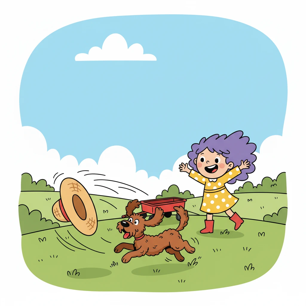 Suddenly, a playful gust of wind blew Little Miss Violet’s hat away! It tumbled across the park, and Choco, ever the hero, dashed after it, retrieving it with a happy bark.