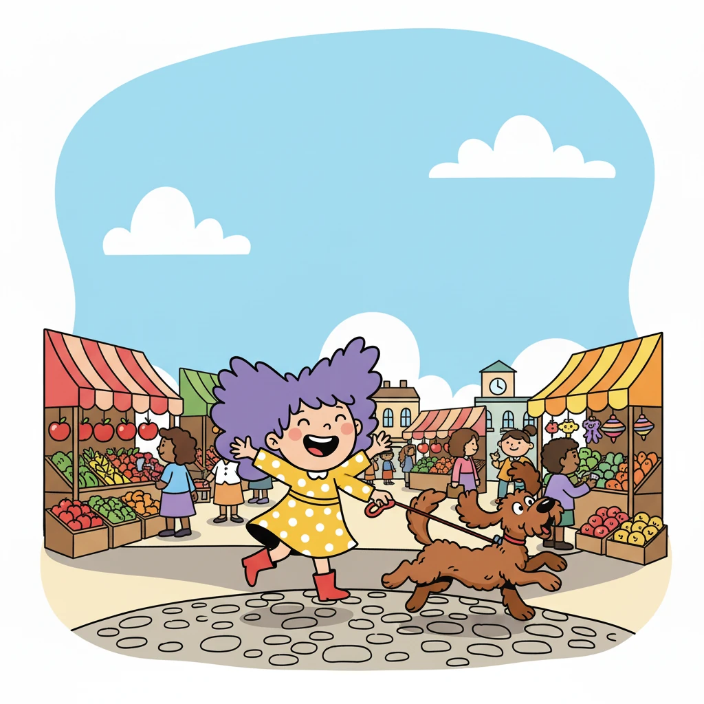 They continued their journey to the bustling market square. Colorful stalls overflowed with fruits, vegetables, and toys. Little Miss Violet held Choco's leash tightly, navigating the busy streets.