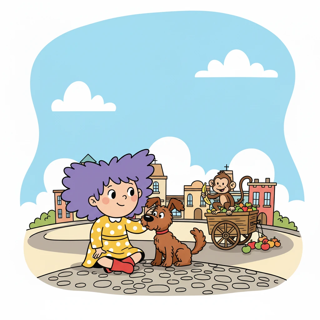 A mischievous monkey escaped from a nearby stall, causing a flurry of activity. Choco, startled, barked loudly. Little Miss Violet quickly calmed him, reassuring him that everything was alright.