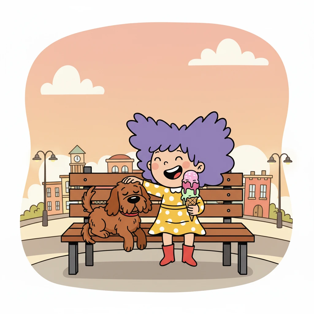As the day drew to a close, they sat on a bench, sharing a delicious ice cream cone. Little Miss Violet petted Choco, who leaned into her, content and tired. The town adventure was a success!
