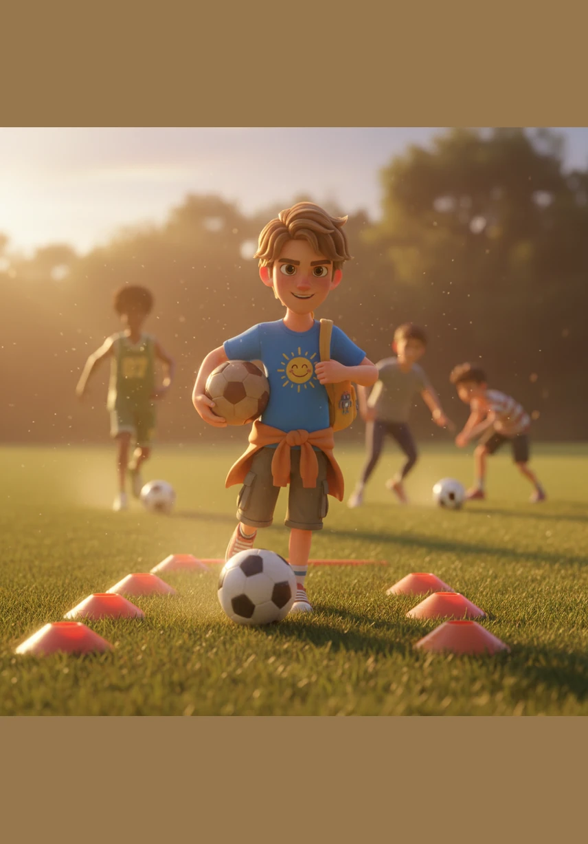 لطالما حلم إيثان باليوم الذي يقود فيه فريقه في بطولة كبرى، فكان يقضي كل مساء في التدريب تحت أشعة الشمس الذهبية. كان يراوغ الكرة بمهارة بين الحواجز، حاملاً في قلبه شغفاً لا ينطفئ للعبة التي أحبها منذ صغره.