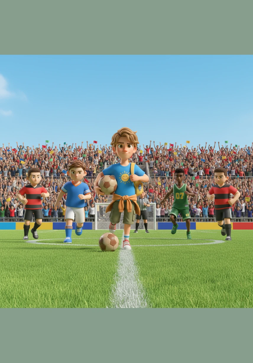 جاء يوم المباراة الكبرى أخيراً، وامتلأت المدرجات بالمشجعين المتحمسين الذين يلوحون بالأعلام. واجه فريق إيثان أبطال المدينة الأقوياء، وكان التوتر يملأ الأجواء مع انطلاق صافرة البداية تحت سماء صافية.