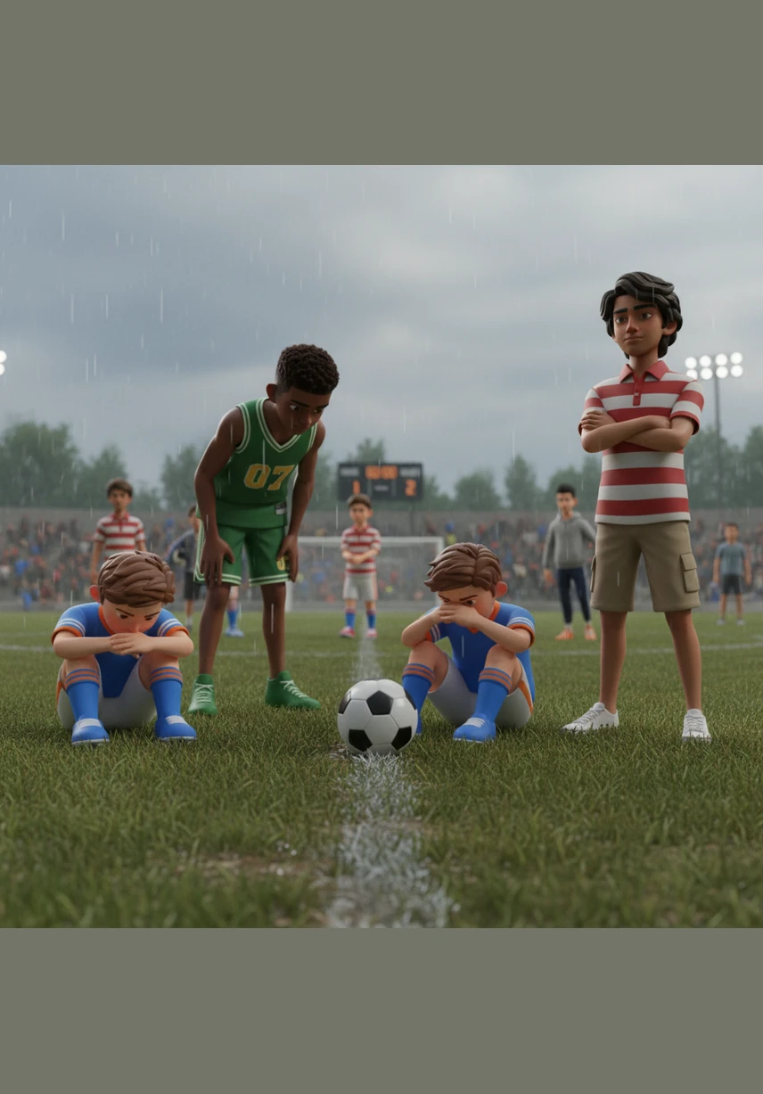 مع نهاية الشوط الأول، كانت النتيجة صادمة وقاسية، حيث تأخر فريق إيثان بأربعة أهداف مقابل لا شيء. جلس اللاعبون على مقاعد البدلاء برؤوس مطأطأة، يشعرون بالهزيمة تسري في عروقهم قبل أن تنتهي المباراة.