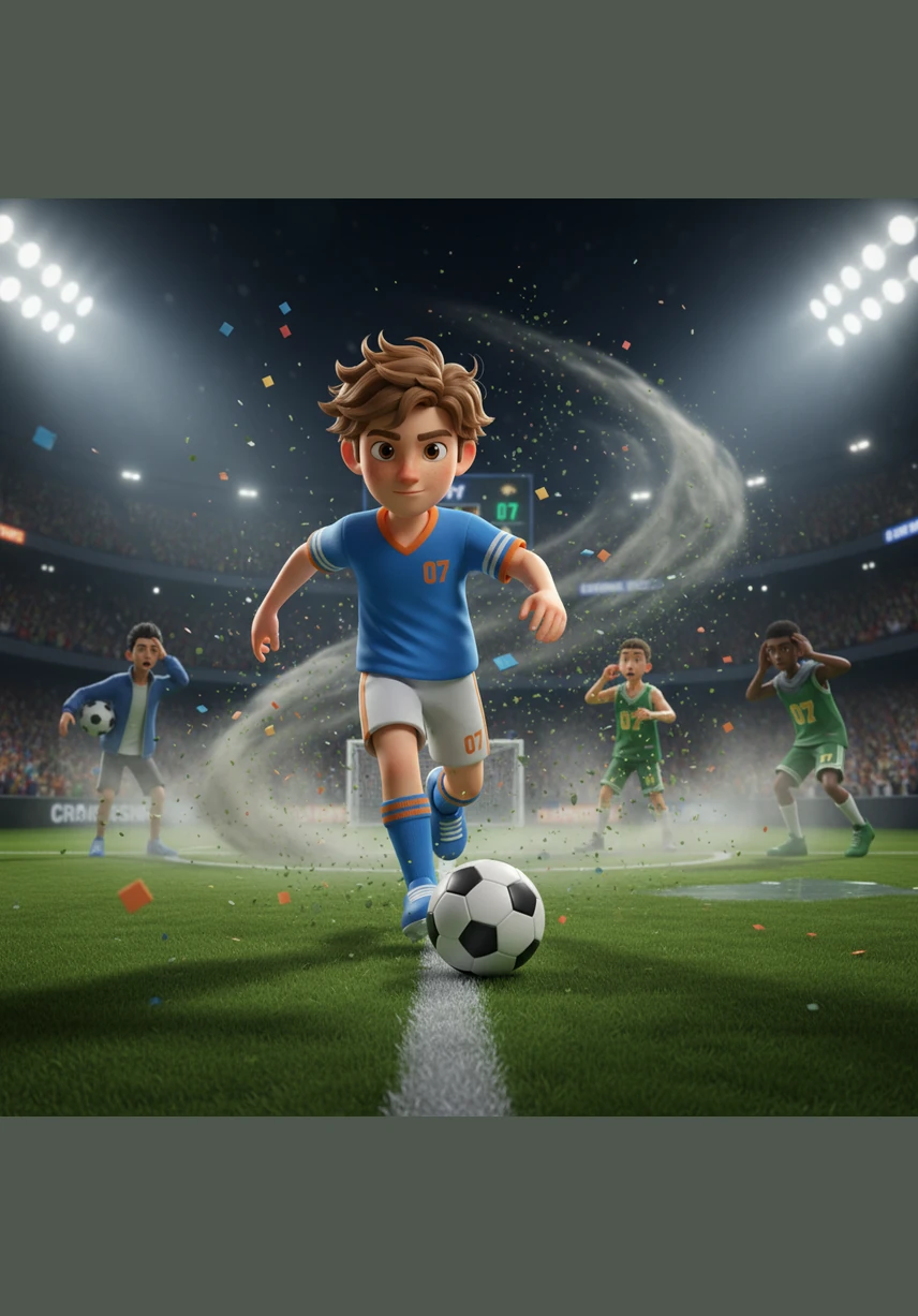 انطلق الشوط الثاني، وبدأ إيثان يتحرك في الملعب كالإعصار، يوزع التمريرات بدقة مذهلة ويبث الروح في فريقه. بفضل تمريرة حاسمة منه، سجل الفريق الهدف الأول، فتعالت الصرخات وعاد الأمل يضيء وجوه اللاعبين.