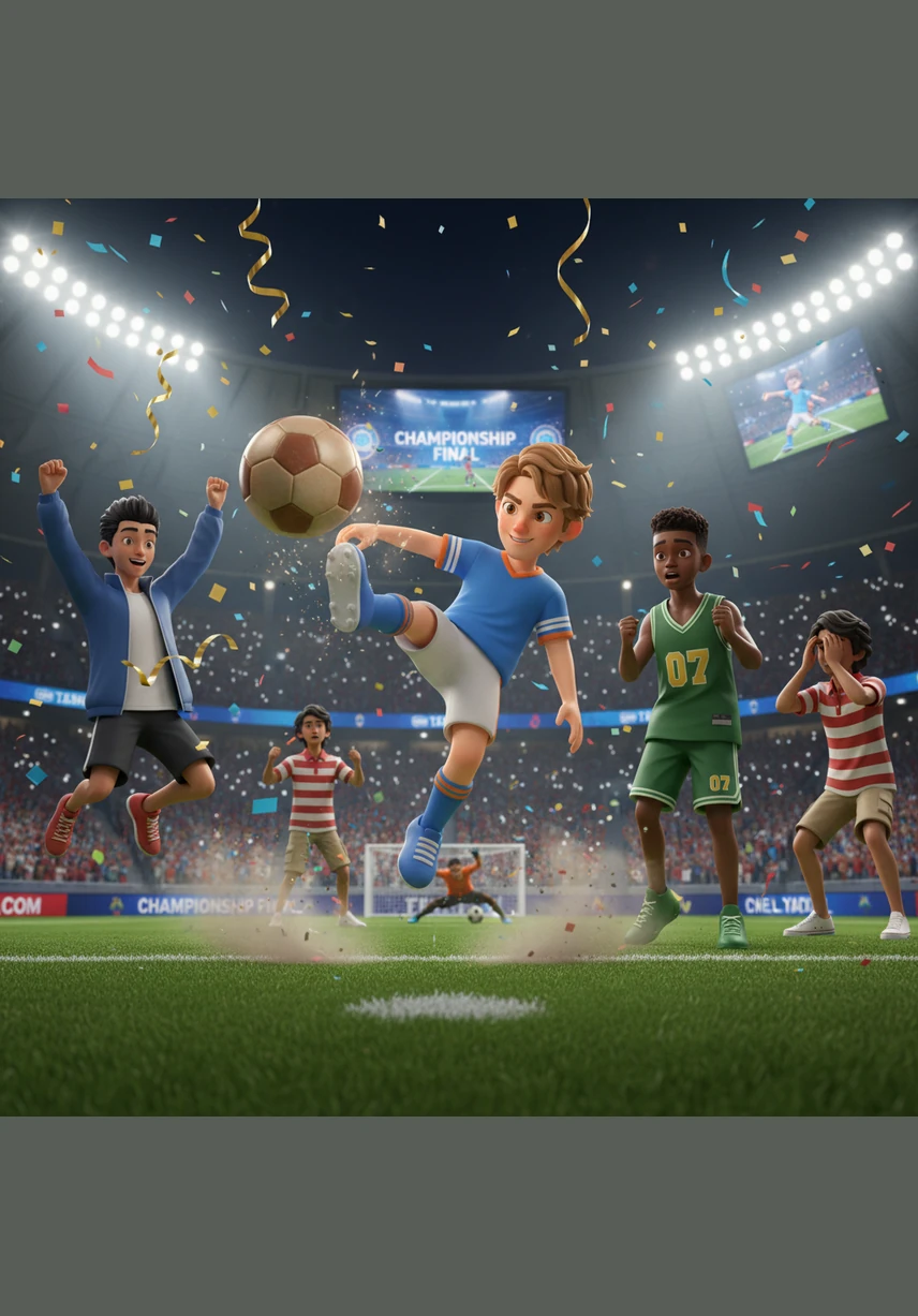 استمر الضغط المتواصل من فريق إيثان، وبدأت الأهداف تتوالى وسط ذهول الخصوم وتراجع دفاعاتهم. تقاربت النتيجة تدريجياً حتى وصلت إلى أربعة أهداف لكل فريق، واشتعلت المدرجات بهتافات لا تتوقف تشجعهم على صنع المعجزة.