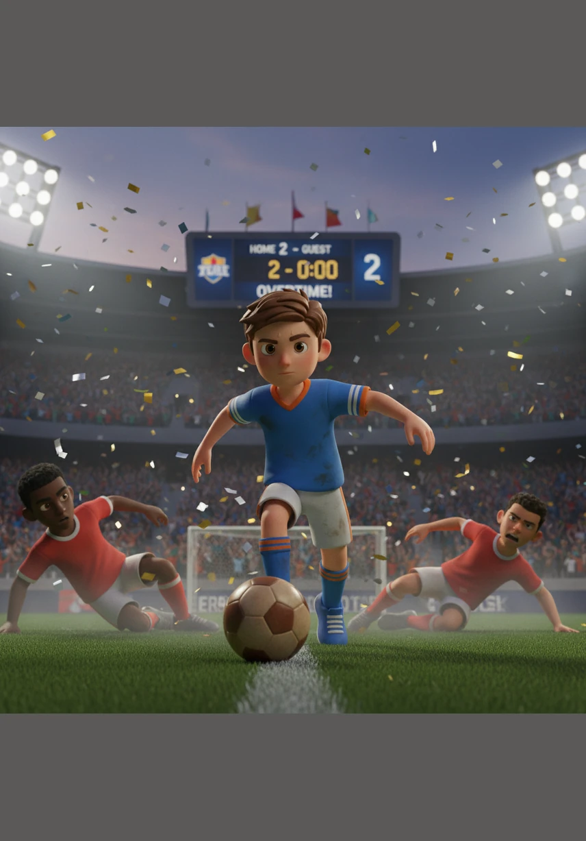 في الدقيقة الأخيرة من الوقت الأصلي، كانت الأنفاس محبوسة والجميع يترقب على أطراف مقاعدهم. كانت الكرة الآن بين قدمي إيثان في منتصف الملعب، والفرصة الأخيرة لتحقيق النصر التاريخي تلوح في الأفق.