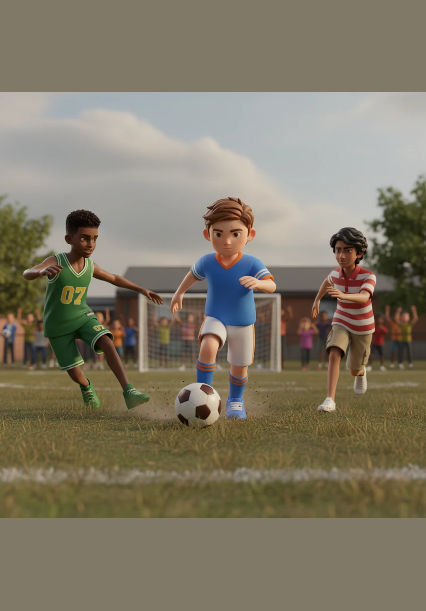 راوغ إيثان مدافعين بمهارة فائقة وحركات سريعة خادعة، شق طريقه نحو منطقة الجزاء بتركيز حديدي. كان يرى المرمى بوضوح، وحدد الزاوية العليا البعيدة كهدف وحيد لكرته الحاسمة.