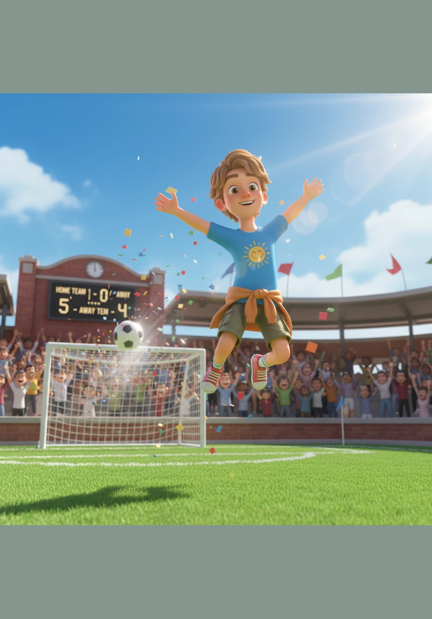 سدد إيثان الكرة بكل قوته ودقته، لتطير في الهواء وتسكن الشباك معلنة الهدف الخامس والانتصار المستحيل. انفجر الملعب فرحاً، وركض زملاؤه نحوه ليحتفلوا بهذا الإنجاز الذي سيذكره الجميع لسنوات طويلة.