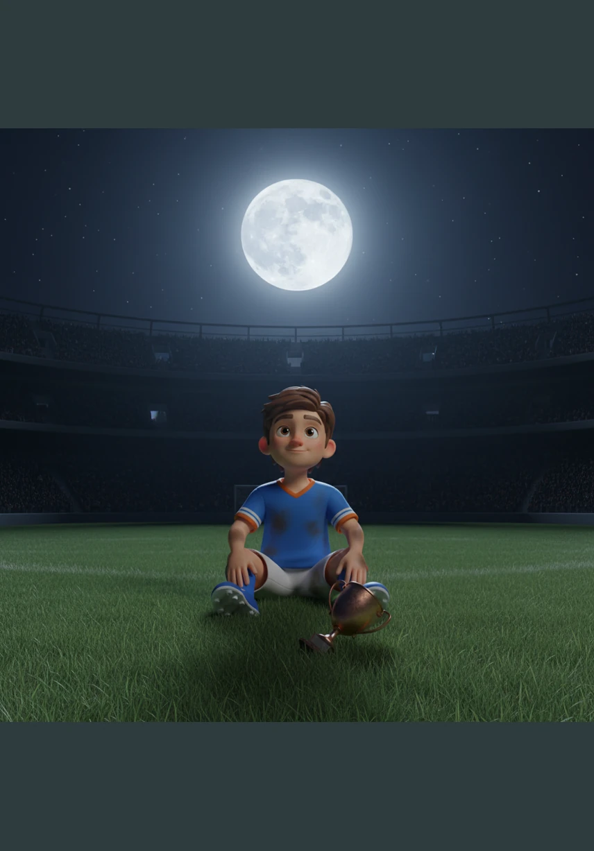 بعد رحيل الجميع وهدوء صخب المدرجات، جلس إيثان وحيداً في وسط الملعب تحت ضوء القمر الفضي. ابتسم لنفسه وهو يدرك أن الفوز الحقيقي لم يكن في الكأس، بل في الشجاعة التي جعلتهم لا يستسلمون أبداً.