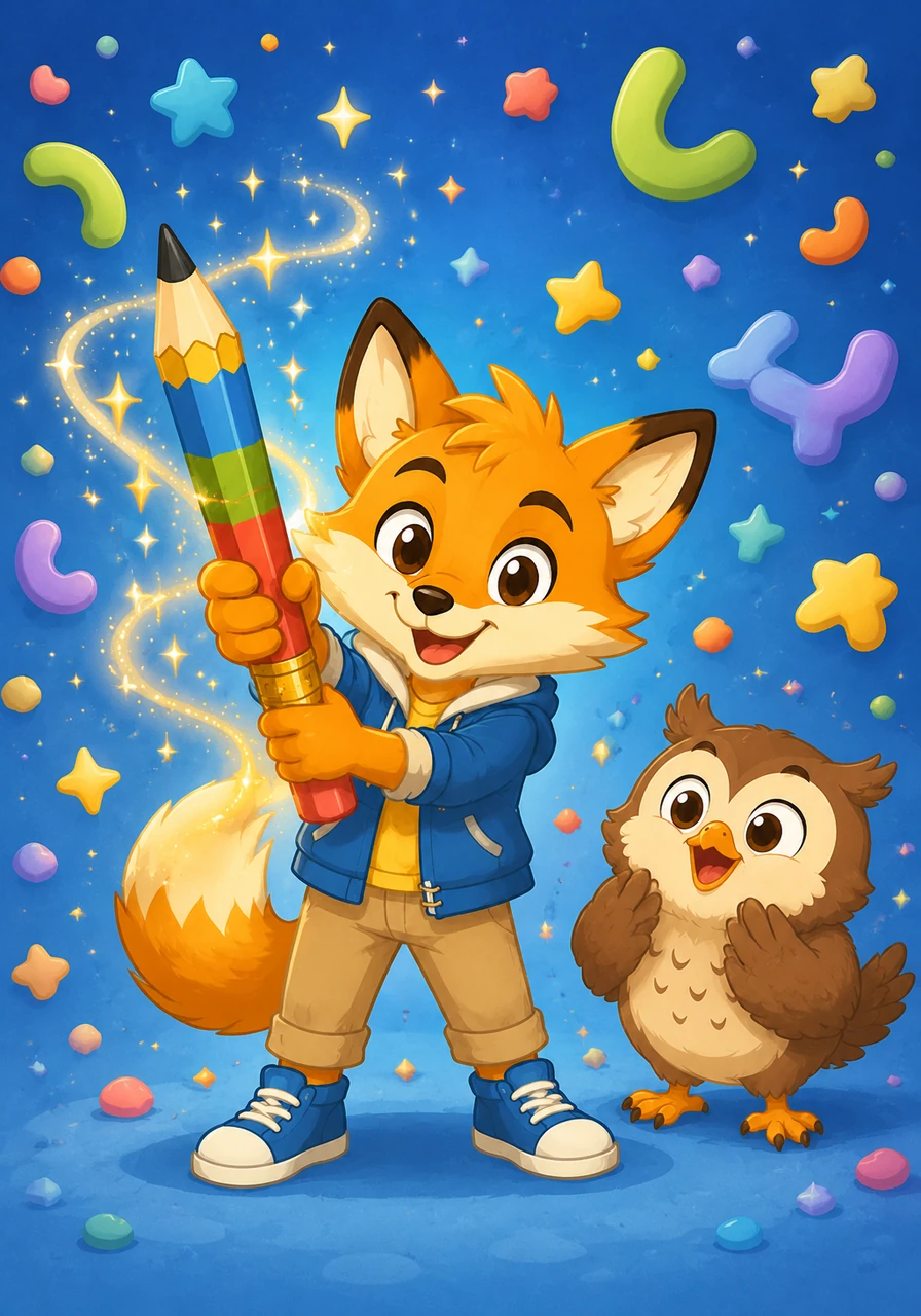 Leo the clever little fox stands proudly on the cover of his book, holding a giant, colorful magic pencil that sparkles with gold dust. The bright blue background is filled with floating letters and playful stars, inviting children to open the book and start their writing journey.