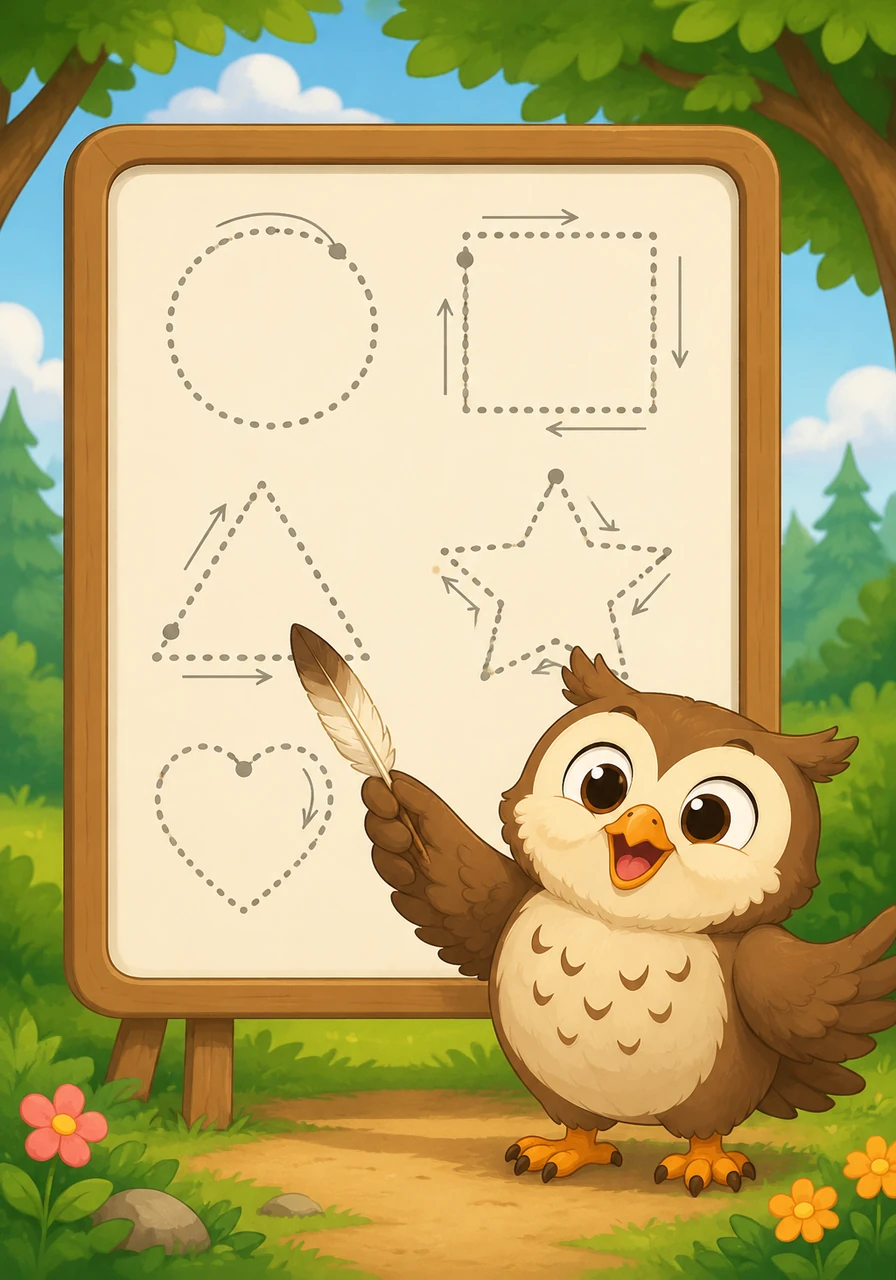 Leo points to big, clear dotted lines showing how to trace the uppercase and lowercase letters of the alphabet. He smiles warmly, encouraging young writers to grab their pencils and carefully follow the arrows to form their very first words.