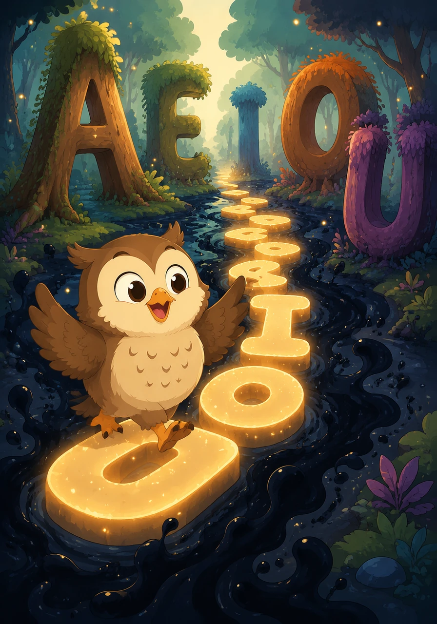With his writing practice complete, Leo steps into a magical forest where trees are shaped like capital letters and rivers flow with ink. He spots a mysterious, glowing path made of vowels and decides to follow it to see where it leads.