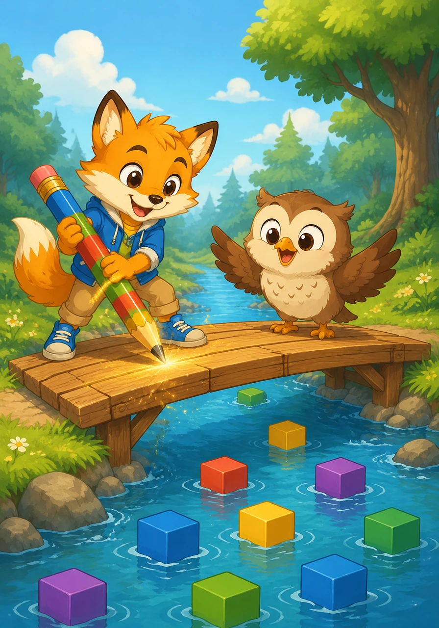 Suddenly, a playful wind blows the owl's favorite alphabet blocks across a sparkling river. Leo bravely uses his giant magic pencil to draw a sturdy wooden bridge, crossing over safely to help his new friend gather them all.