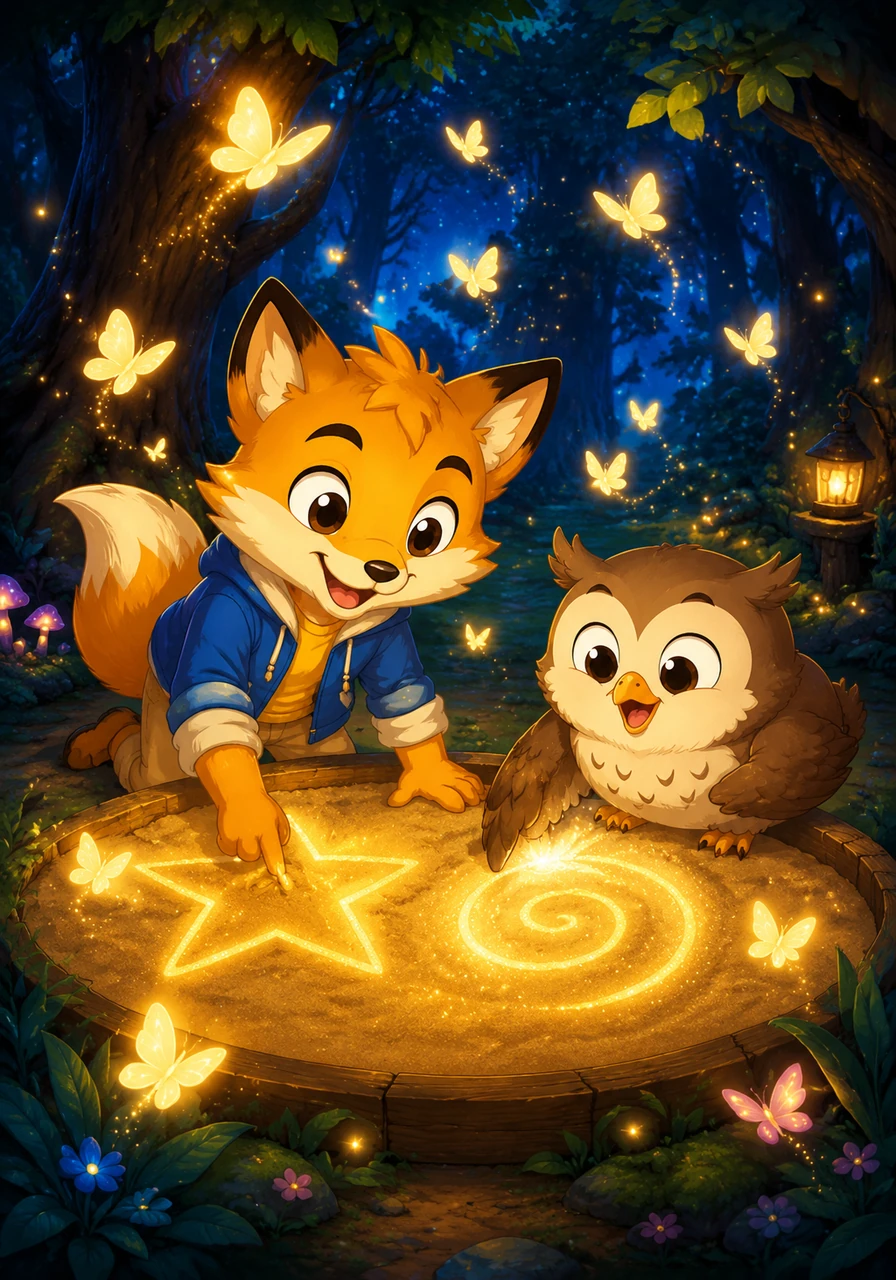 Deep in the woods, they discover a hidden sandbox where letters come alive and dance when written correctly. Leo and the owl laugh as they draw giant words in the sand, creating little glowing butterflies that flutter around their heads.
