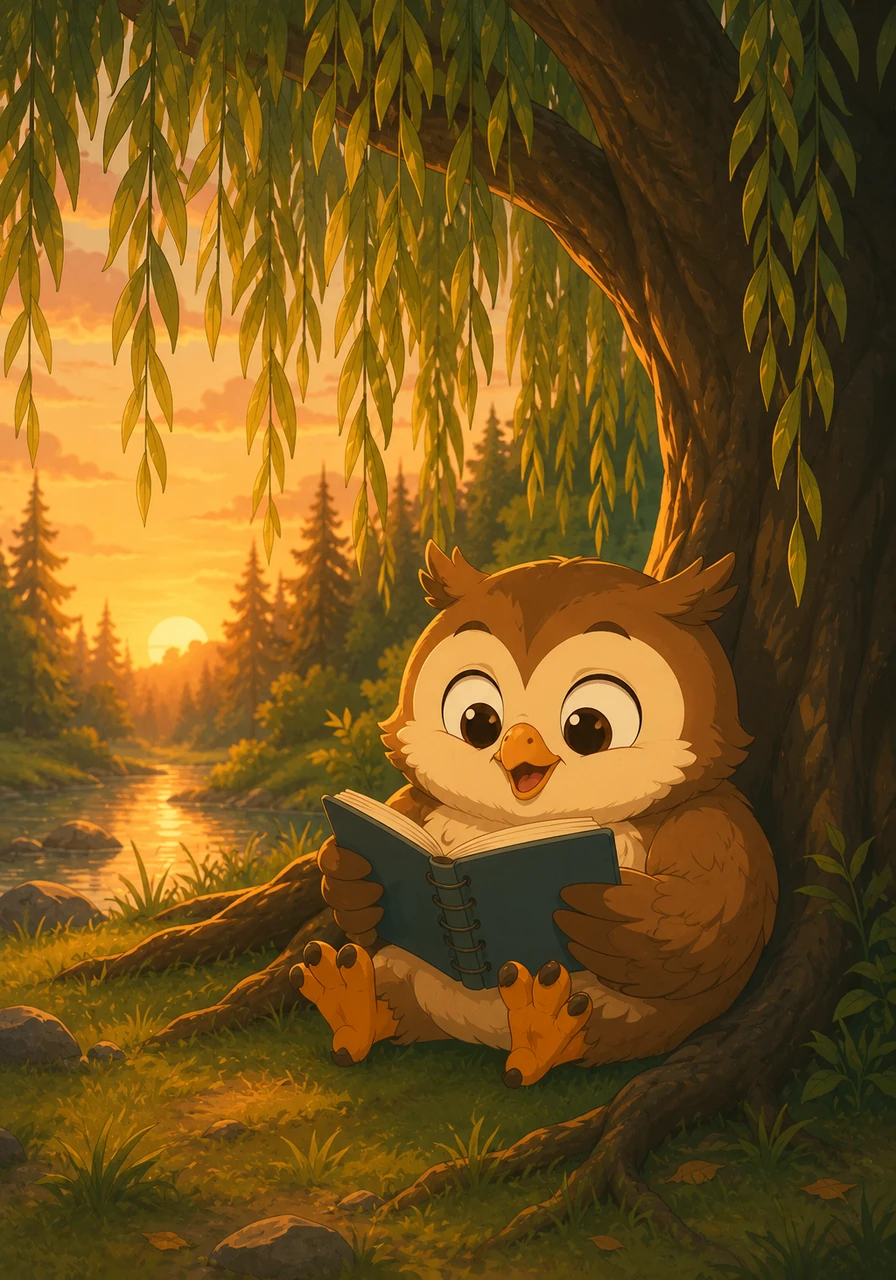 As the sun begins to set, casting a warm golden glow over the forest, Leo sits down under a cozy willow tree to rest. He flips through his notebook, feeling incredibly proud of all the beautiful new words he learned to write today.