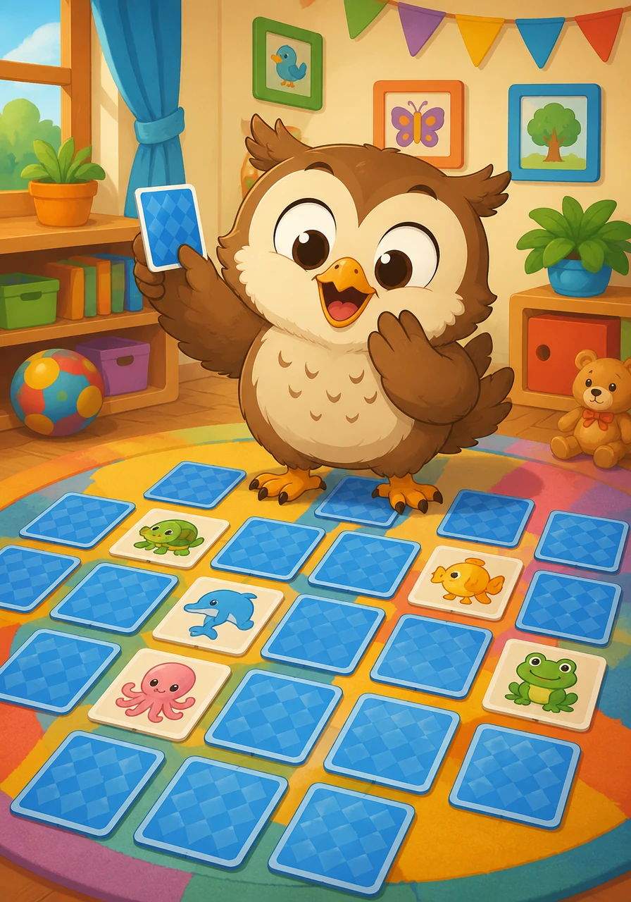 To exercise his brain after a long day of writing, Leo enters a colorful room filled with memory cards turned face down. He challenges the reader to find matching pairs of letters and playful animals, sharpening their minds through fun visual puzzles.