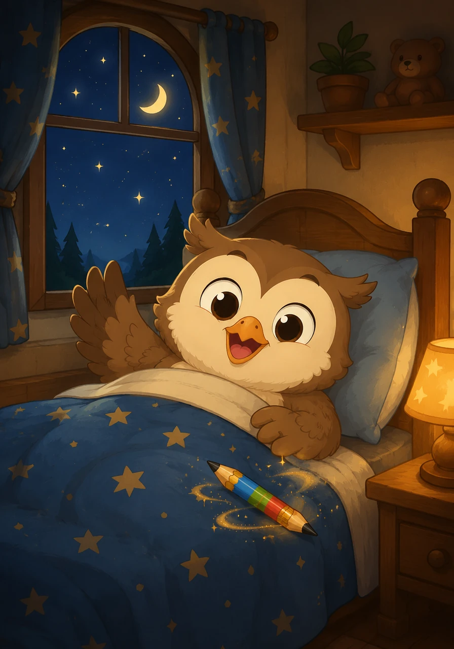 Leo curls up in his cozy bed with his magic pencil tucked safely beside him, looking out at a starry night sky. He waves a sweet goodbye to the reader, dreaming of the next wonderful writing adventure they will share together tomorrow.