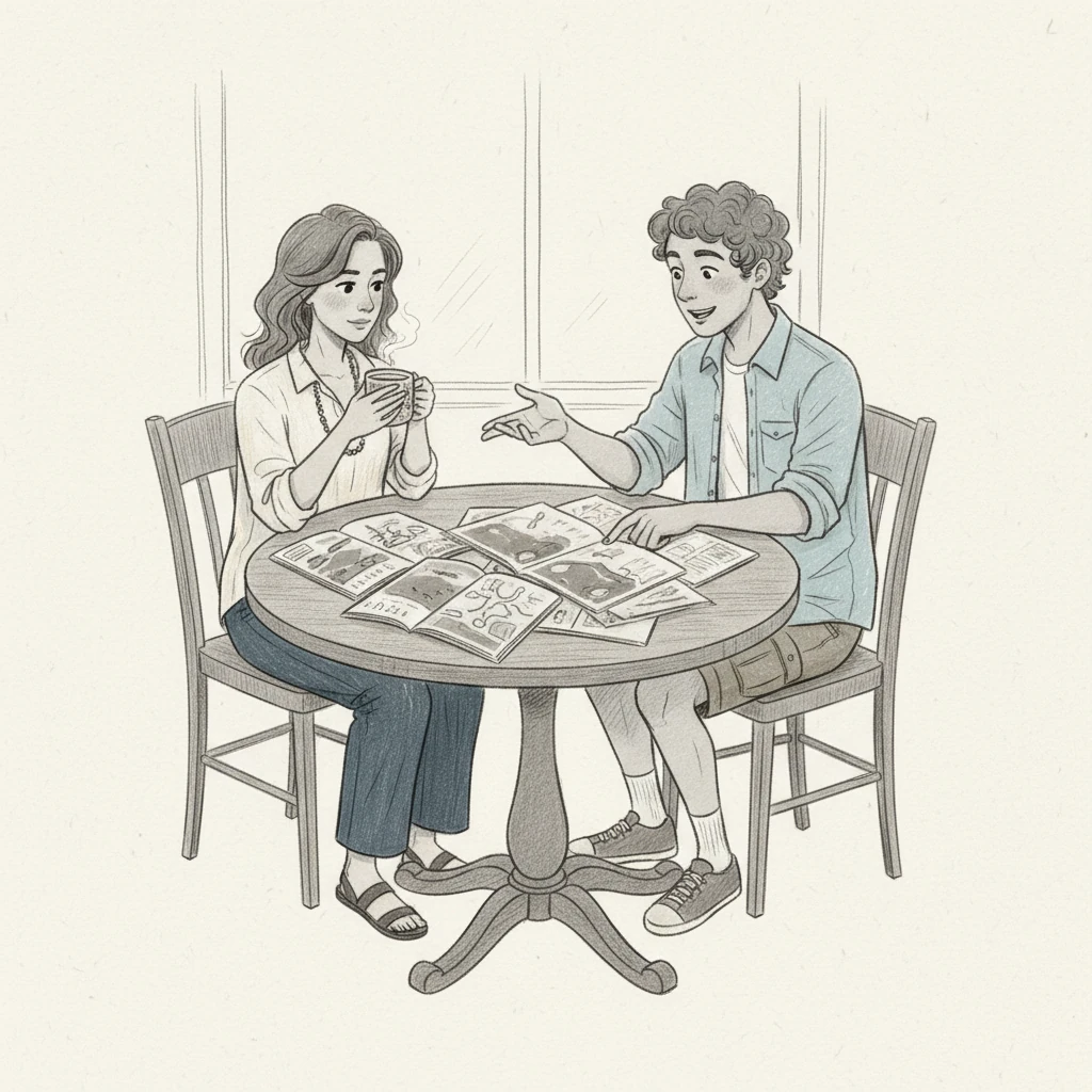 Clara and Leo are seated at a cozy, slightly cluttered wooden table, strewn with open travel magazines and maps. Clara, with a thoughtful expression, sips from a steaming mug, while Leo gestures animatedly towards a glossy brochure. The scene is bathed in soft, filtered light, emphasizing the textures of the paper and the relaxed posture of the couple.