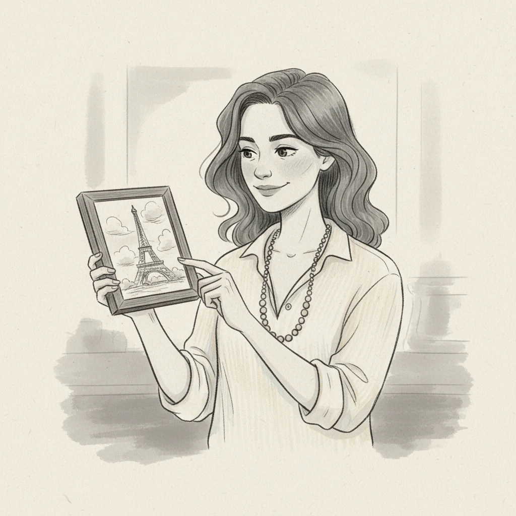 Clara holds up a small, framed photograph, her gaze tenderly fixed on the image of the Eiffel Tower. Her fingers delicately trace the outline of the iconic landmark, rendered with precise, fine lines against a background of loose, gestural clouds. A faint smile plays on her lips, hinting at cherished memories.