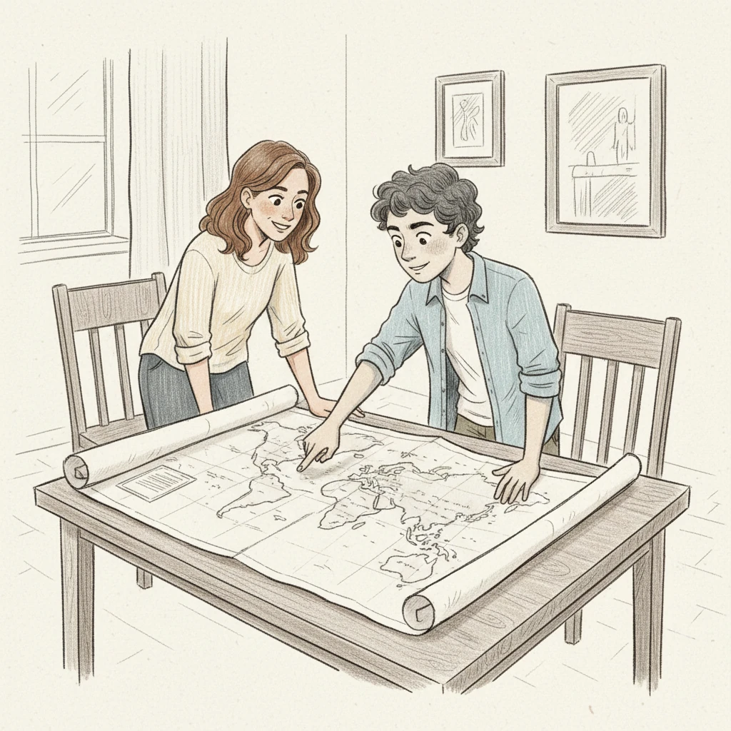 Leo leans forward, his hand confidently pointing to a section of a large, unfolding world map spread across the table. His brow is furrowed in concentration, but his eyes sparkle with curiosity, suggesting a destination far from their previous travels. The map's intricate details contrast with the broader strokes defining the room's atmosphere.