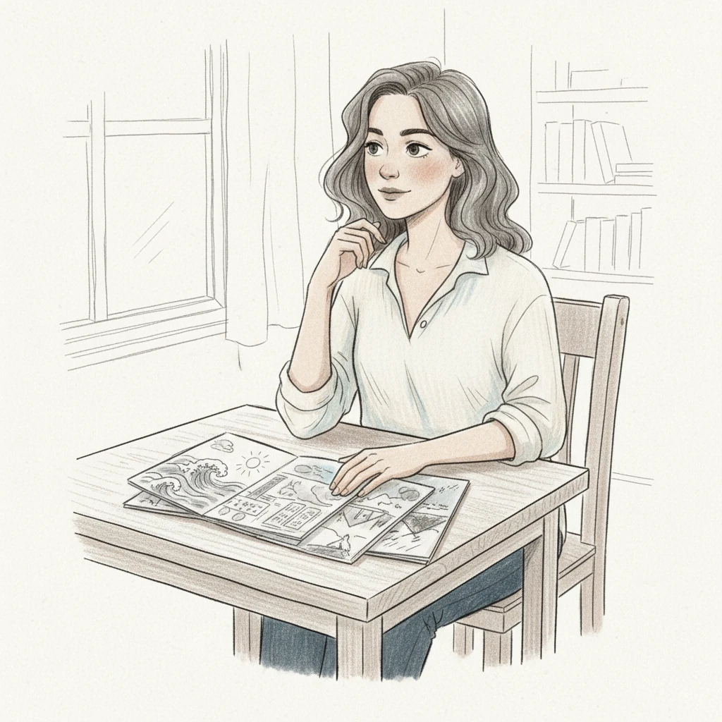 Clara’s hand rests gently on a stack of brochures, each depicting a different type of holiday. Her expression is contemplative as she recalls sun-drenched beaches and bustling city squares, represented by subtle changes in shading on the brochure covers. The varying line weights illustrate the different textures of the paper and the depth of her thoughts.