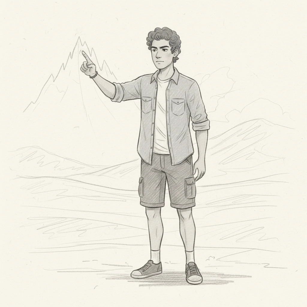 Leo, with a determined glint in his eye, sketches an imaginary mountain peak in the air with his finger. His posture conveys a readiness for adventure, his shoulders broad and strong. The background elements are rendered with a lighter touch, allowing Leo’s focused energy to dominate the composition.