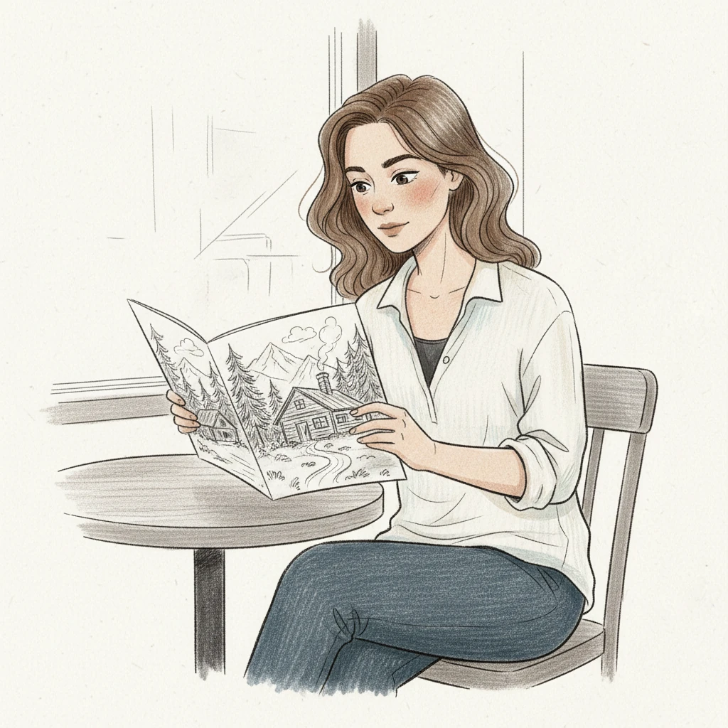 Clara gazes intently at a brochure showcasing a serene mountain lodge nestled among towering pines. Her imagination takes flight, picturing herself amidst the tranquil landscape. Delicate cross-hatching defines the shadowy depths of the forest, while precise lines delineate the charming architecture of the lodge.