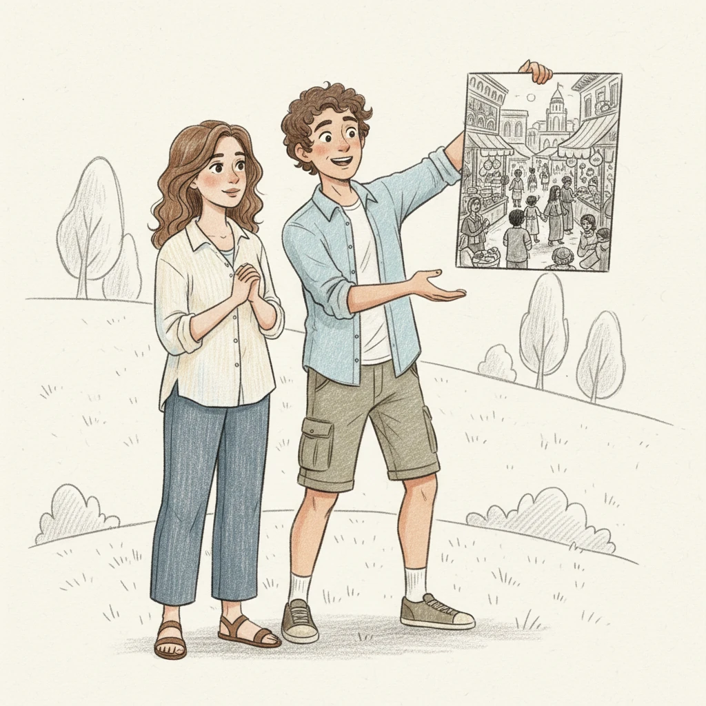 Leo holds up a vibrant image of an exotic marketplace, his eyes sparkling with excitement. He describes the scene with animated gestures, inviting Clara to envision the colorful stalls and bustling crowds. The intricate details of the market are captured with a mix of sharp, defining lines and softer, more gestural marks for the distant figures.