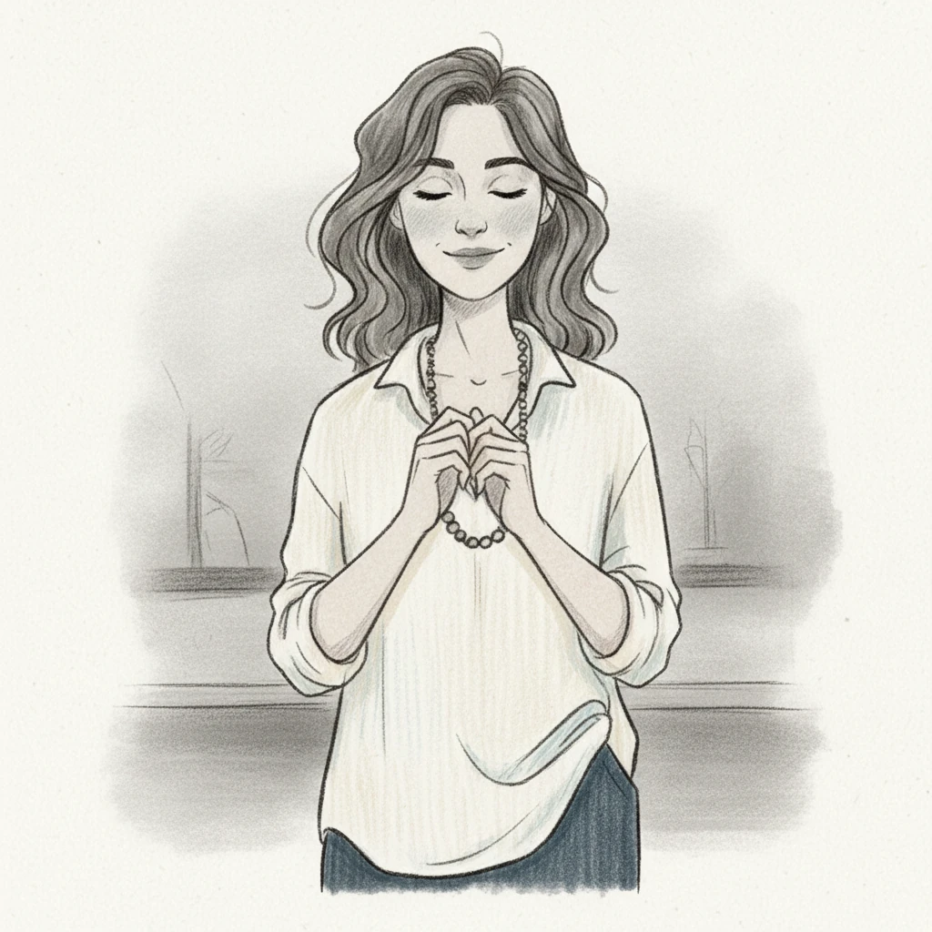 Clara closes her eyes for a moment, a blissful smile gracing her face as she imagines the new tastes and aromas. Her hands are clasped loosely, conveying a sense of anticipation and wonder. The subtle shifts in tone around her face emphasize her dreamy expression, while the background remains softly blurred.