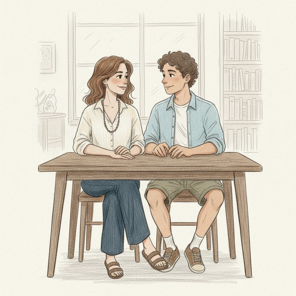 Clara and Leo sit side-by-side, their hands resting near each other on the table, their gazes meeting with a shared understanding. The air between them is filled with unspoken agreement, a sense of having explored all possibilities. Their relaxed postures and gentle expressions convey a quiet contentment.