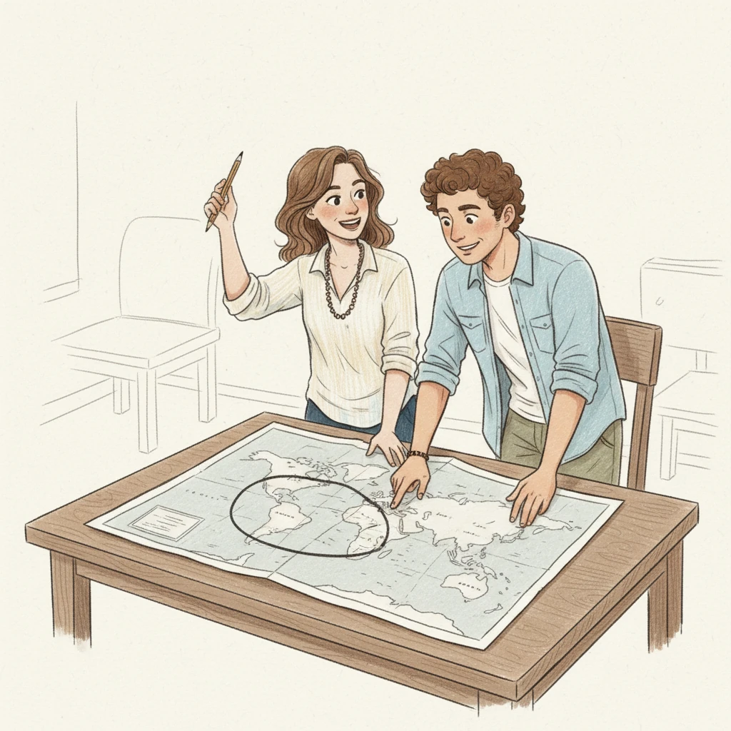With a triumphant flourish, Clara uses a pencil to circle a specific location on the world map. Both she and Leo lean in, their faces alight with joy and anticipation. The pencil mark is bold and clear, a definitive declaration of their chosen adventure, surrounded by the soft, inviting textures of the map and table.