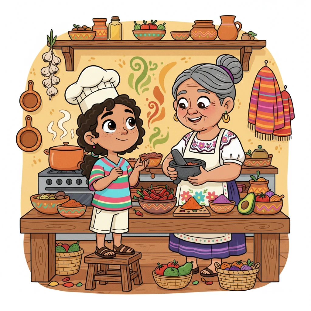 Emiliano, una niña con ojos curiosos y un pequeño gorro de chef, observa a su abuela en una cocina mexicana llena de vida. El aire se llena con el aroma de chiles y especias recién molidas, mientras la abuela sonríe, enseñándole el amor y la historia detrás de cada platillo. La escena rebosa de colores cálidos y el bullicio de la preparación de la comida.