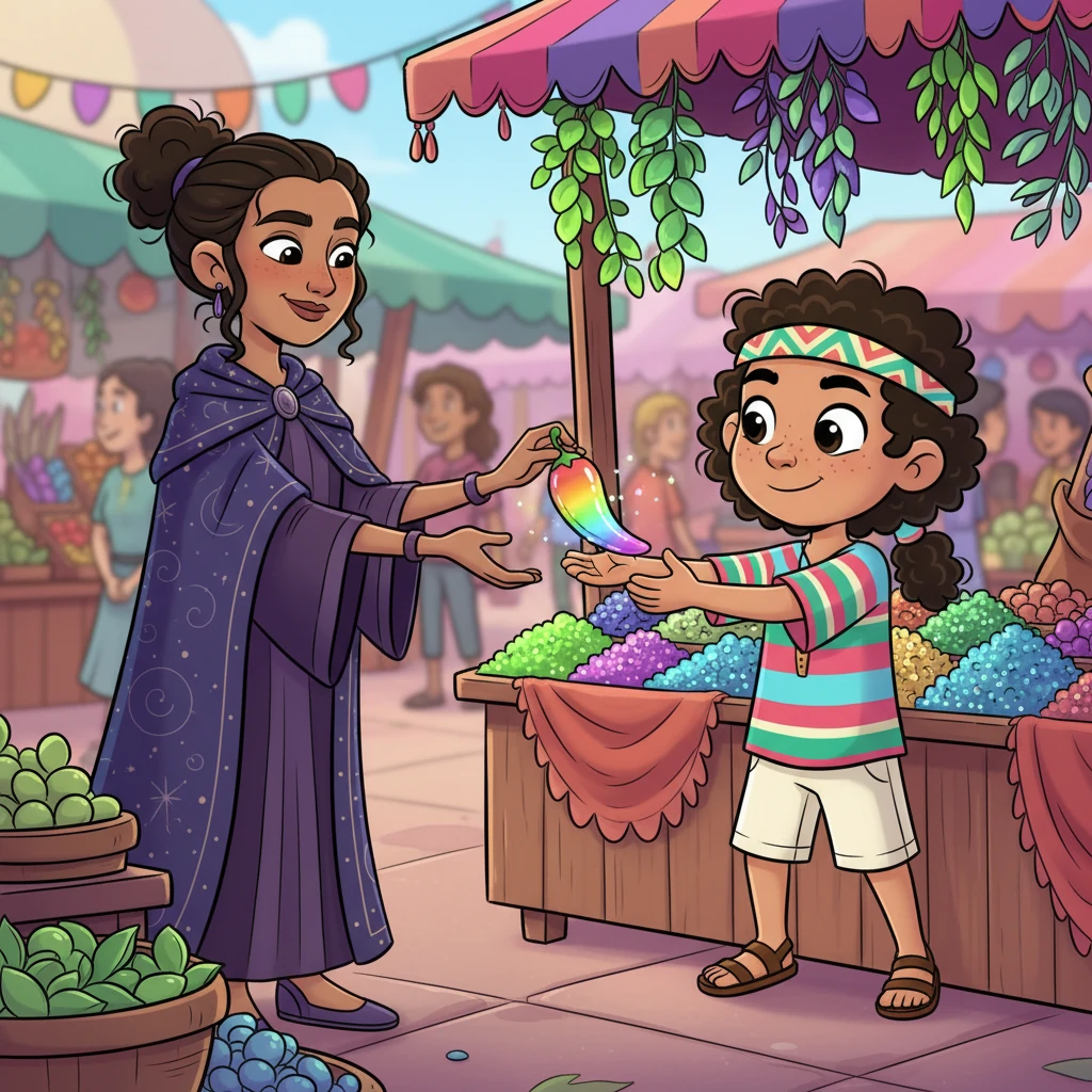 En un rincón vibrante del mercado, Emiliano descubre un puesto nunca antes visto, con hierbas brillantes y semillas desconocidas. Una vendedora misteriosa, con una sonrisa enigmática, le ofrece un chile iridiscente, prometiéndole un sabor irresistible. Emiliano, con el corazón lleno de emoción, toma el chile, sin saber el secreto que guarda.