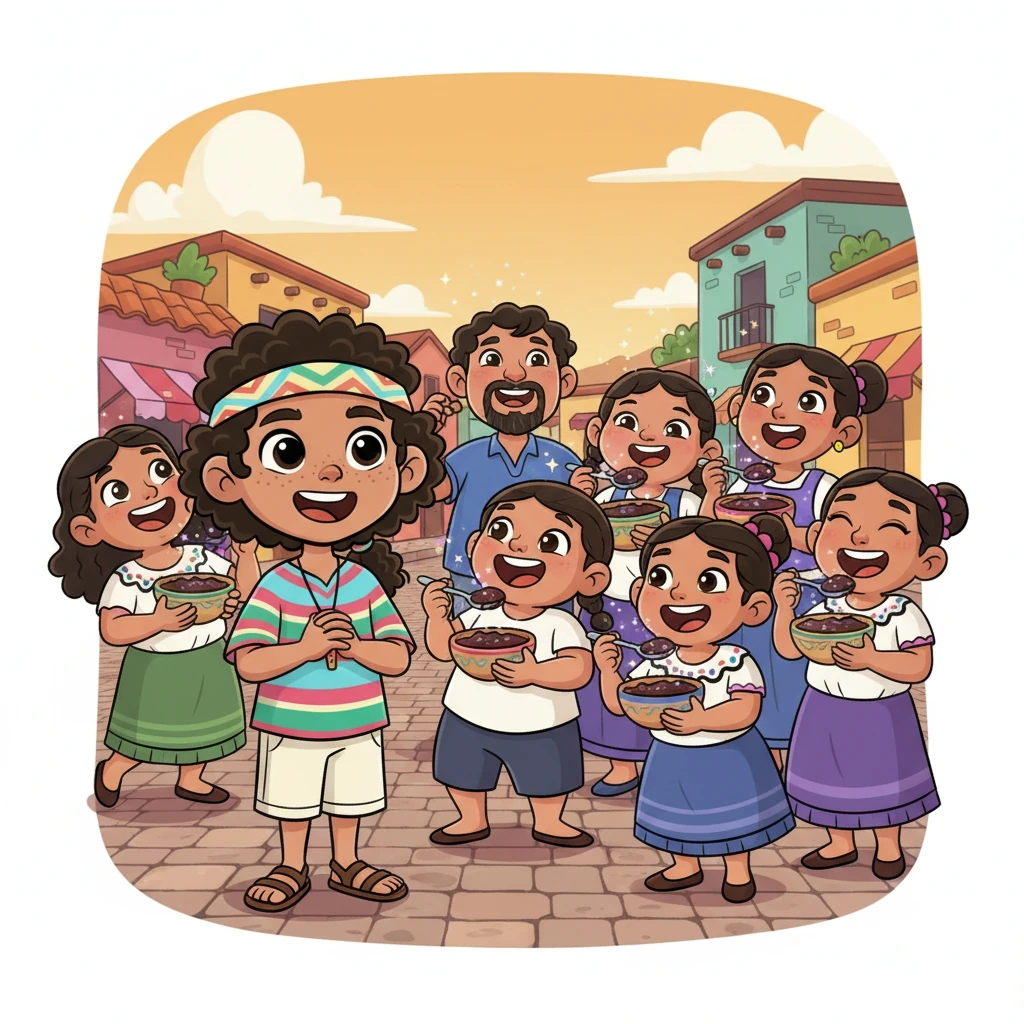 La plaza del pueblo se llena de alegría mientras los habitantes prueban el mole de Emiliano, sus rostros expresan un deleite exagerado y asombro. Cada bocado parece envolverlos en una felicidad inigualable, y Emiliano observa orgullosa la euforia general. Pequeños destellos mágicos rodean los platos, insinuando el poder oculto del chile.