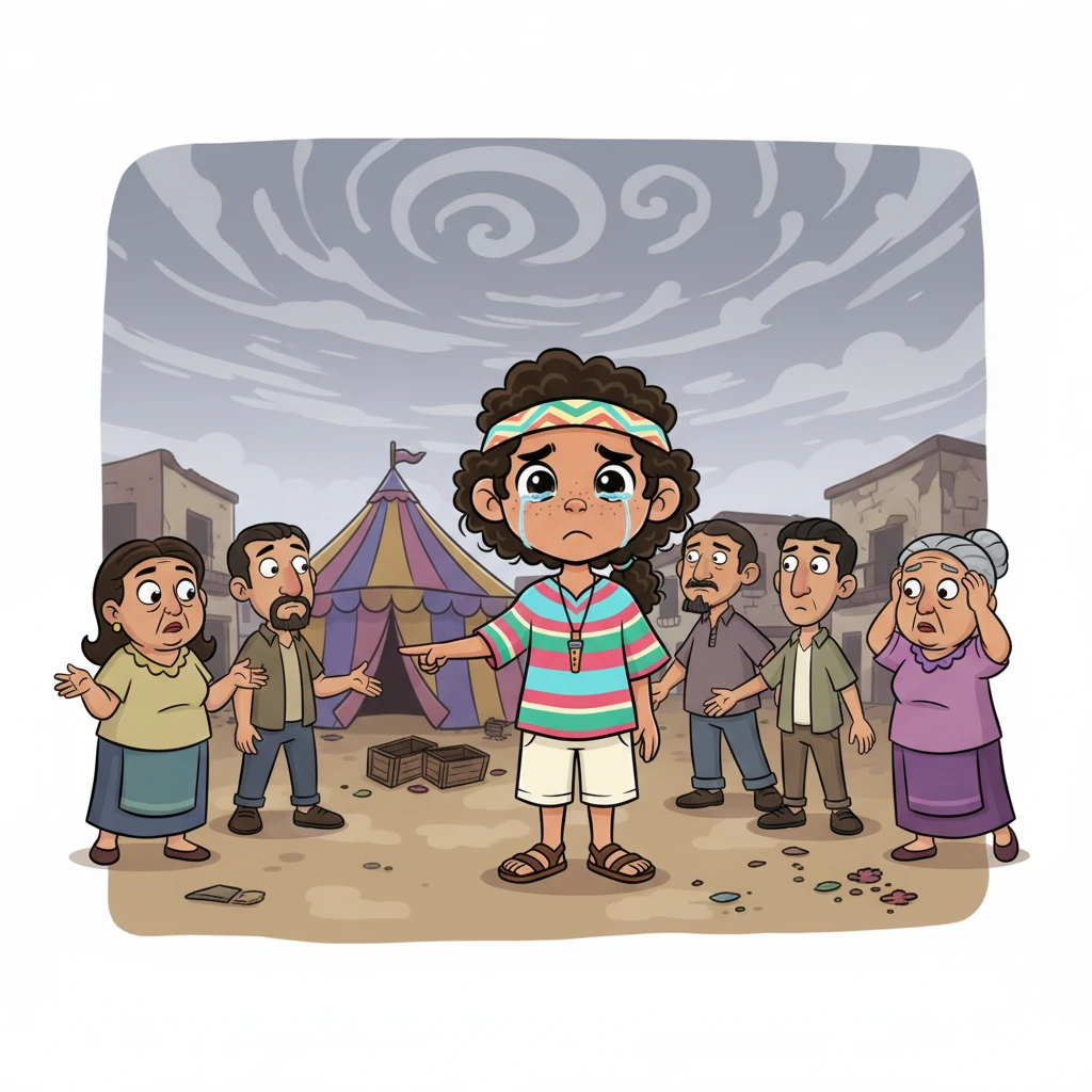 La alegría del pueblo se transforma en confusión y tristeza; algunos habitantes se miran sin reconocerse, mientras otros vagan con la mirada perdida, sin recordar sus propias vidas. Emiliano, con lágrimas en los ojos y el corazón encogido por la culpa, señala el lugar vacío donde antes estaba el puesto misterioso. La escena se tiñe de tonos melancólicos, reflejando la pérdida de recuerdos.