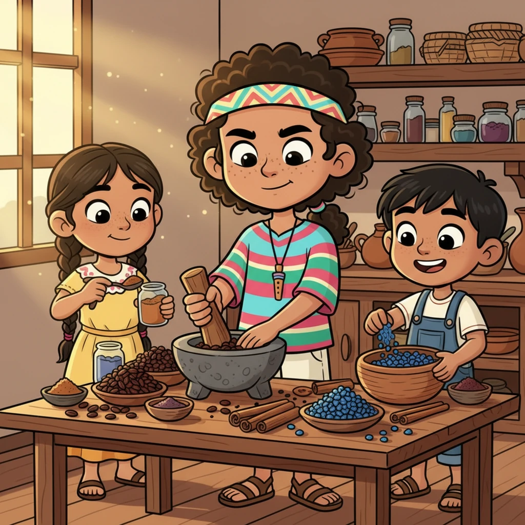 En una cocina acogedora, Emiliano y sus amigos, con determinación en sus rostros, trabajan juntos rodeados de ingredientes especiales: cacao puro, canela antigua y maíz azul. Con manos ágiles, mezclan y muelen, creando un nuevo platillo lleno de intención y amor. La esperanza brilla en sus ojos mientras preparan el antídoto para devolver la memoria a su gente.