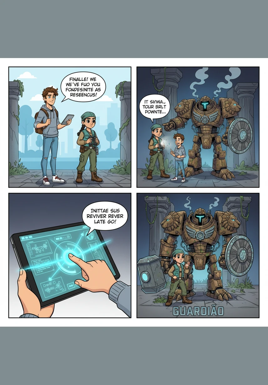 Léo seeks out Maya, a renowned expert in ancient puzzles and modern encryption, in her workshop filled with strange gadgets. Together, they examine the glowing code on a holographic display, realizing it is a map to a forgotten digital realm.