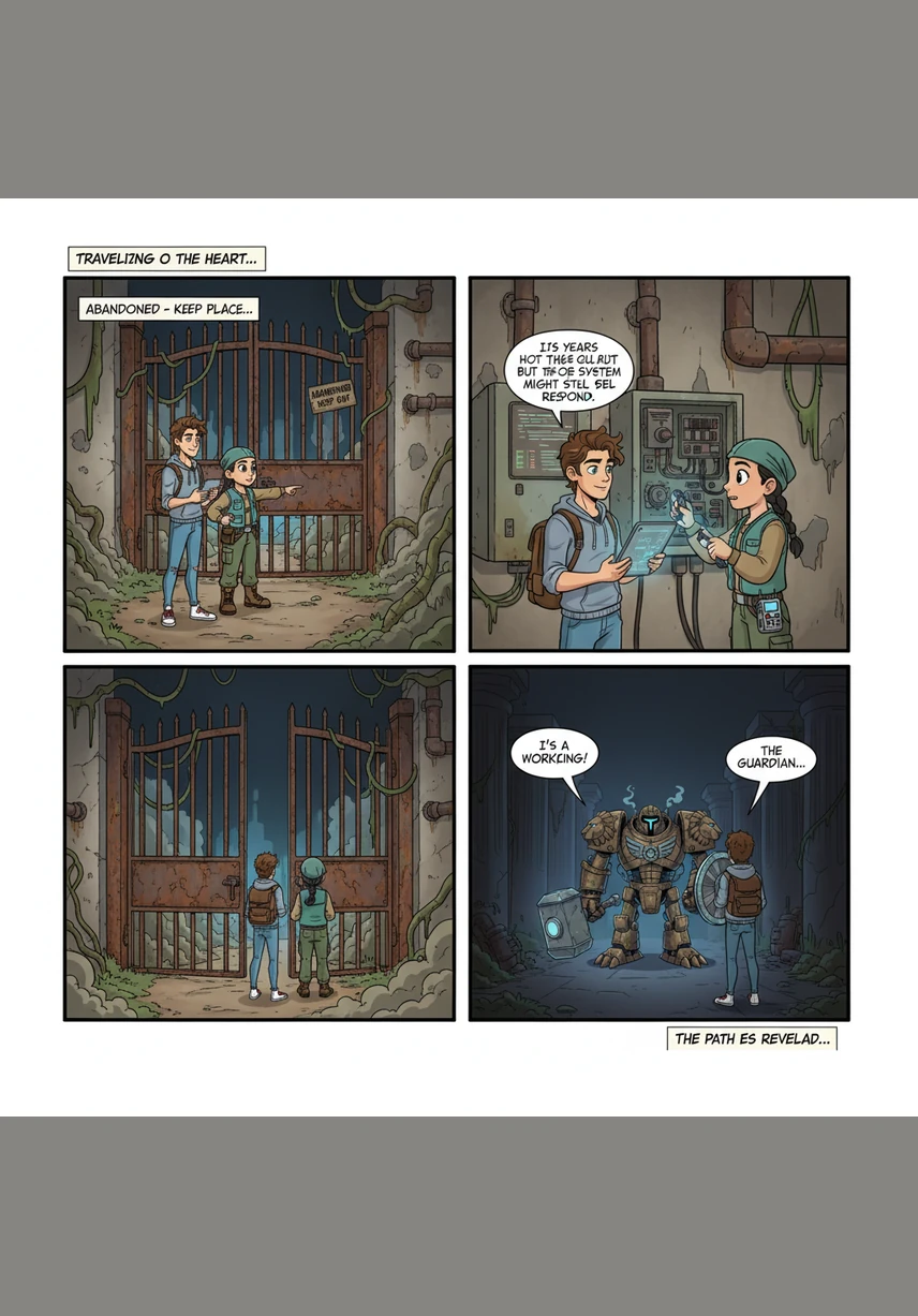 The duo travels to a remote, abandoned industrial facility where the physical entrance to the central server is hidden. They stand before a massive steel structure that has been sealed for decades, surrounded by overgrown vines and rusted pipes.