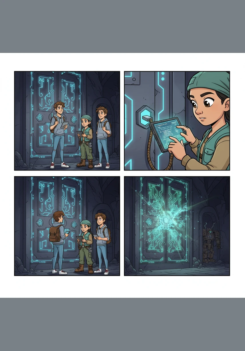 A giant metallic door looms over them, covered in complex electronic symbols that pulse with a faint, rhythmic light. Maya connects her decoding device to the interface, her fingers moving quickly as she analyzes the shifting patterns.