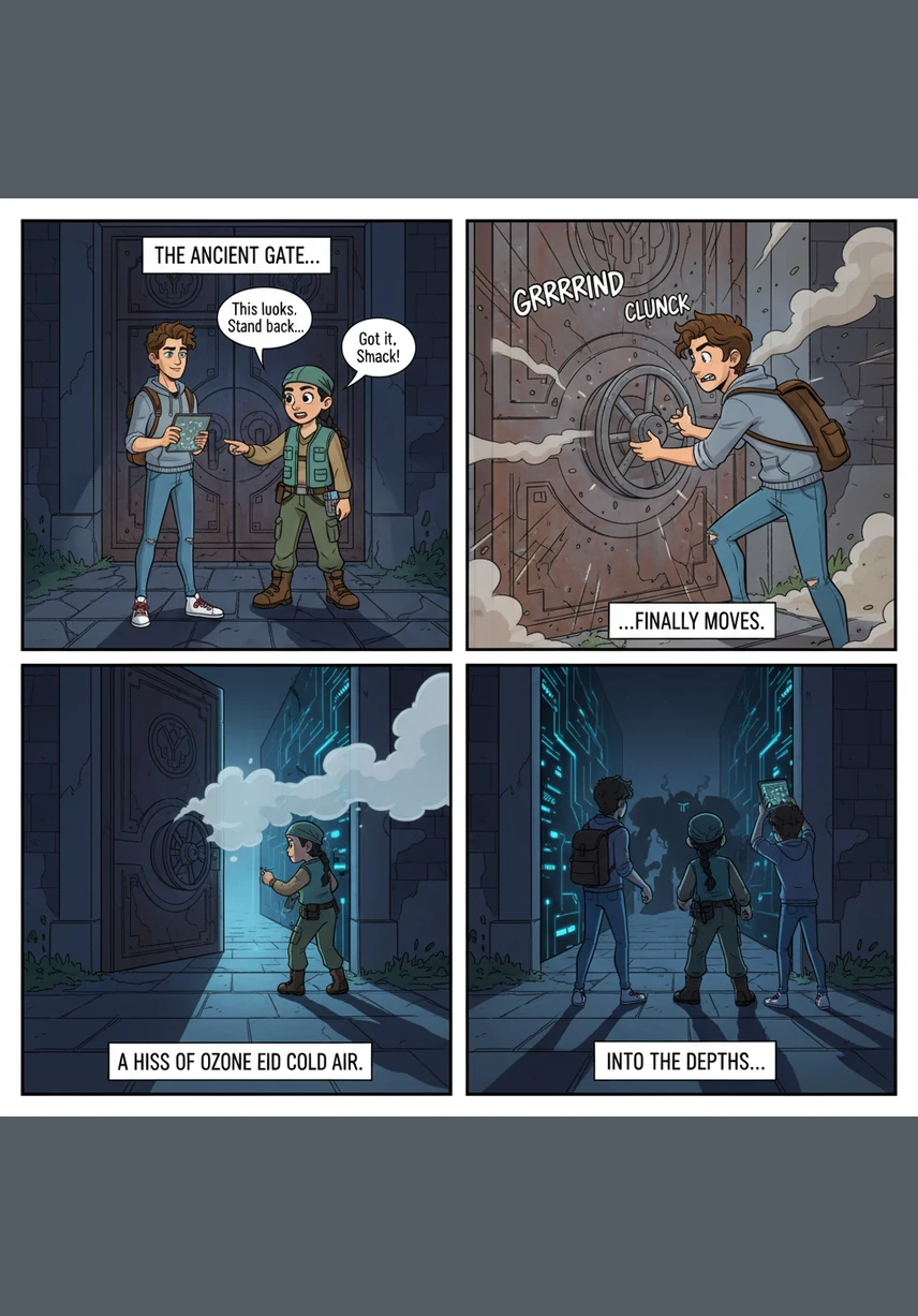 The heavy door finally groans and slides open with a hiss of pressurized air, revealing a dark corridor illuminated by glowing blue data lines. A cold breeze blows from within, carrying the scent of ozone and ancient electronics.