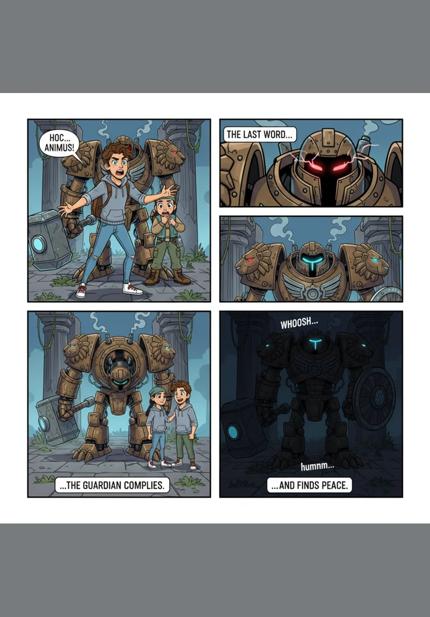 As the last word of the code leaves Léo's lips, the Guardian’s red eyes flicker and turn a calm, soft blue. The giant robot bows its head and steps back into the shadows, its mechanical hum softening into a peaceful standby mode.