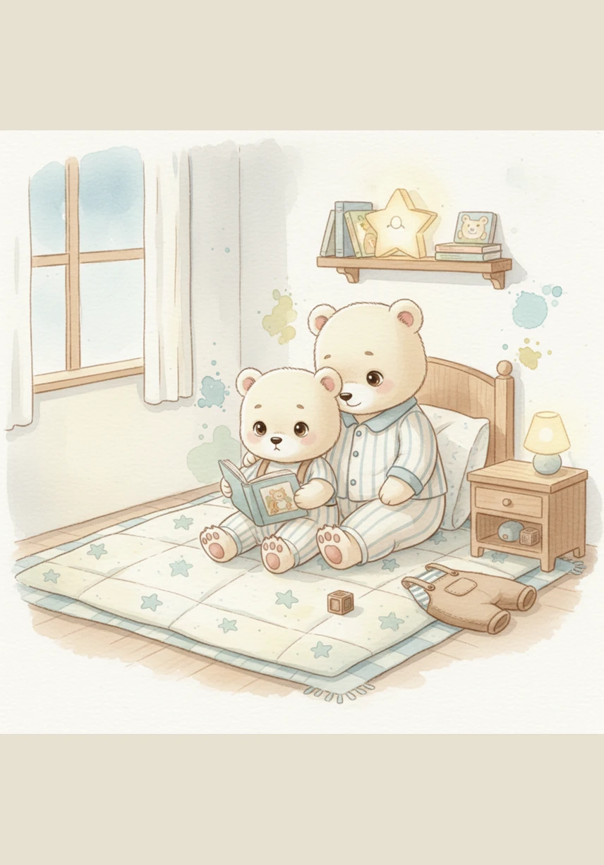 Barnaby the Bear stands on his little wooden stool in front of the bathroom mirror, ready for his favorite nighttime routine. The moon shines softly through the window as he prepares for a bubbly adventure.