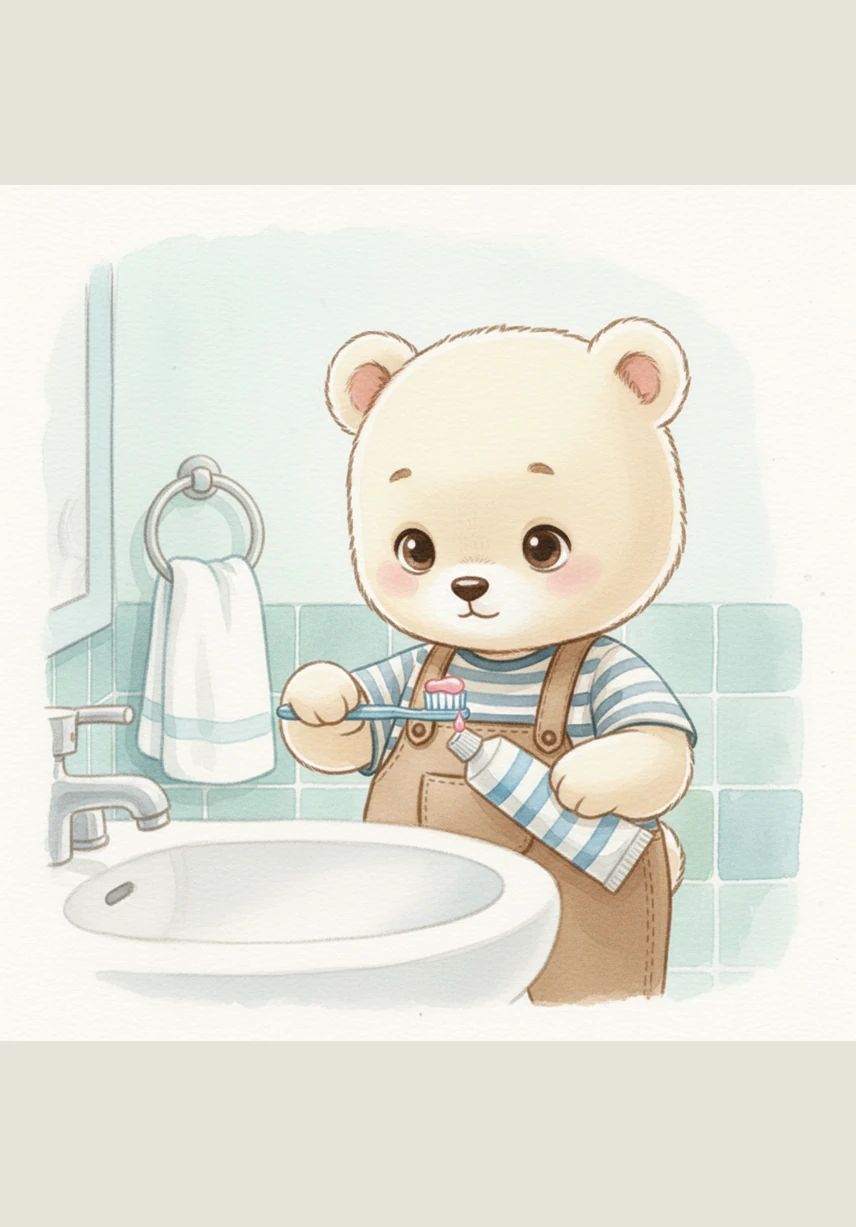 Barnaby carefully squeezes a tiny, pea-sized drop of toothpaste onto the bristles of his brush. He smiles at the little pink dollop, knowing that a small amount is just enough for a big clean.
