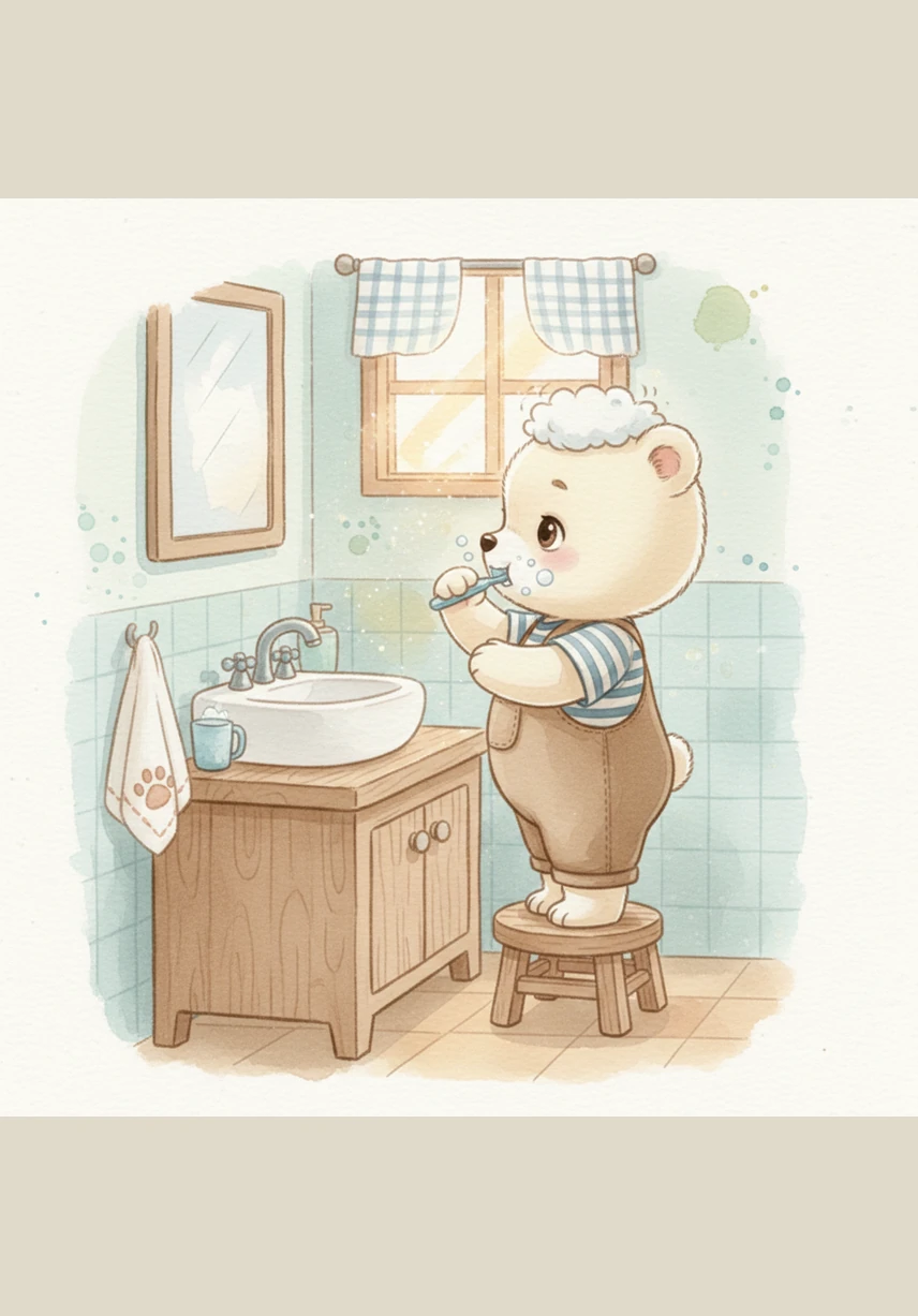 He starts by brushing the front of his teeth, moving the brush back and forth like a little train on a track. Choo-choo go the bubbles as they start to grow and cover his teeth in white foam.