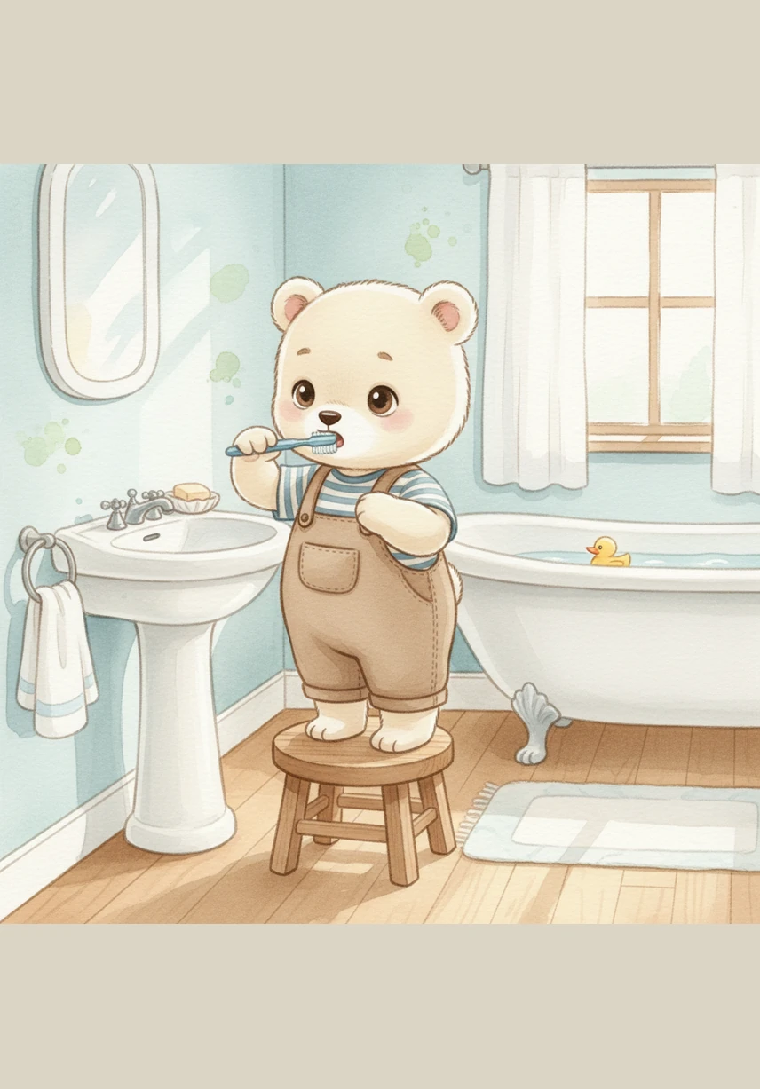 Barnaby grabs his soft, fluffy towel and gently pats his face dry. He looks into the mirror and sees his teeth shining brightly like tiny white pearls under the bathroom light.