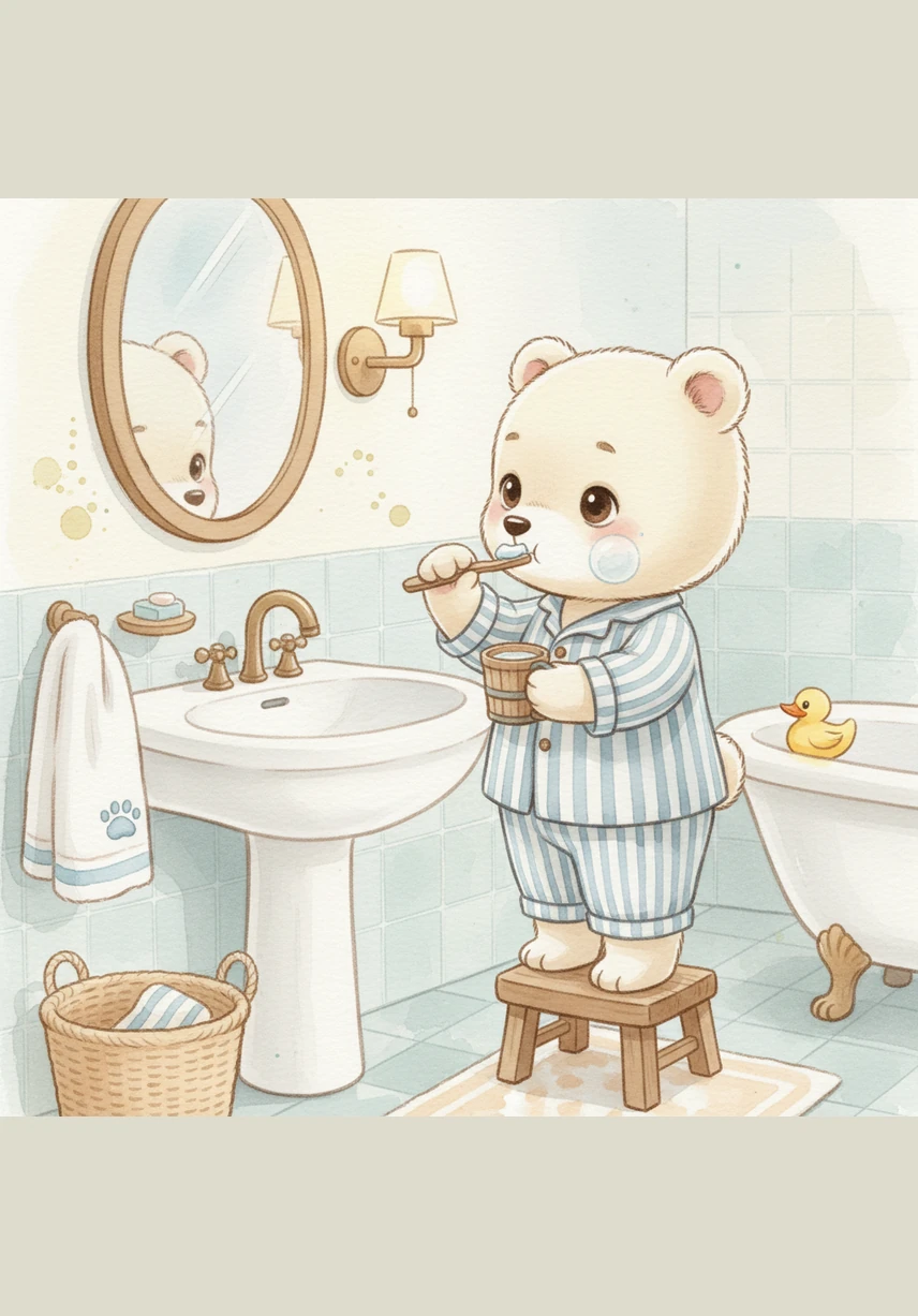 With a wide, sparkling grin, Barnaby is finally ready for bed. He gives a happy wave to his reflection, proud of his healthy habits and his beautiful, clean smile.