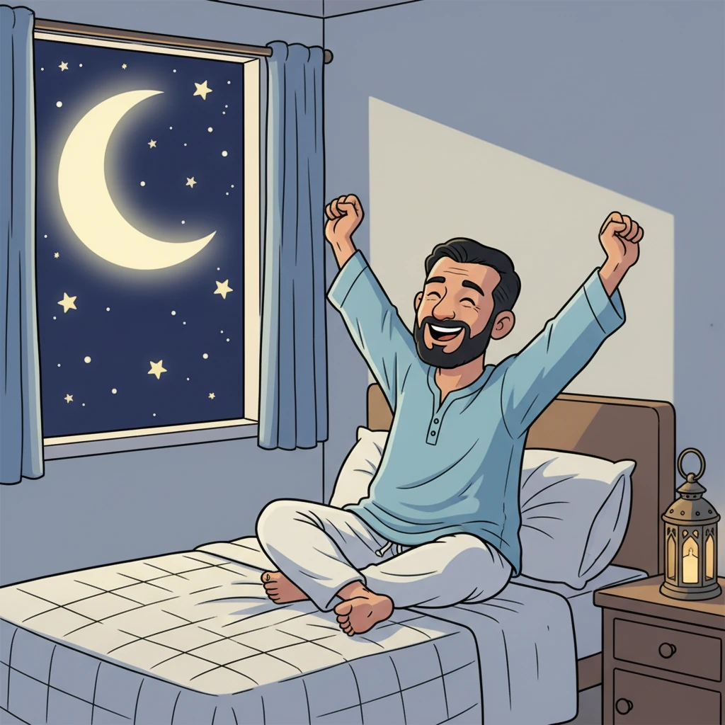 في ليلة رمضان هادئة، يصحو عمو كريم بابتسامة كبيرة. القمر الساطع يضيء غرفته، والنجوم تتلألأ في السماء السوداء. إنه وقت الاستعداد لعمله الممتع.